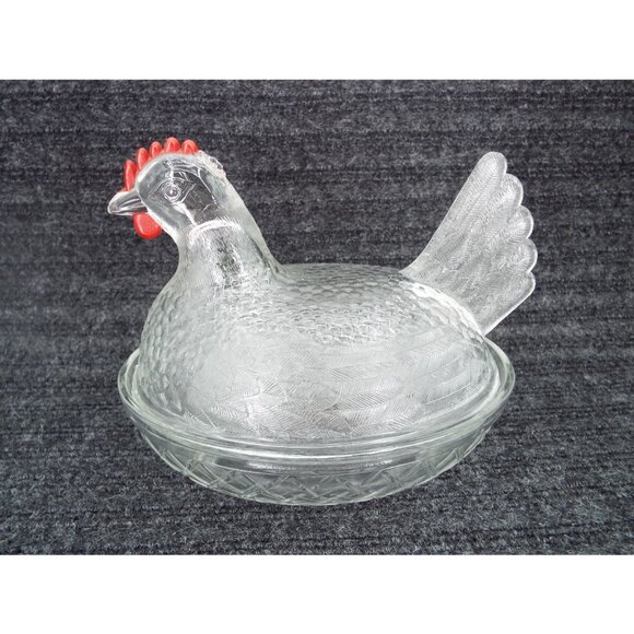 Vintage Indiana Glass 7" Hen on Nest Covered Dish Red Comb - Picture 1 of 12